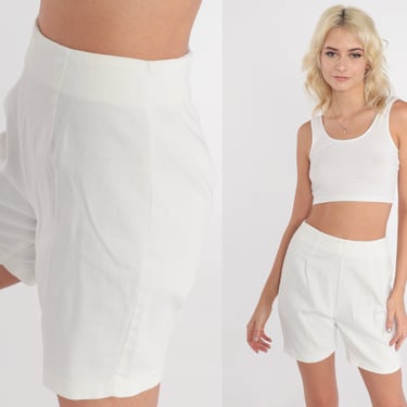 70s Shorts White Cotton Bermuda Shorts High Waisted Shorts Retro Trouser Shorts Plain Pinup Summer Preppy Vintage 1970s Extra Small xs 