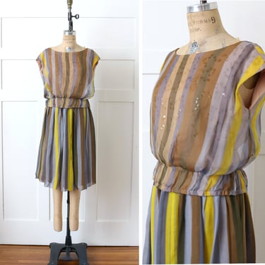 vintage 1960s striped silk chiffon dress set • unique sequined blouse & skirt by Marjorie Michael 