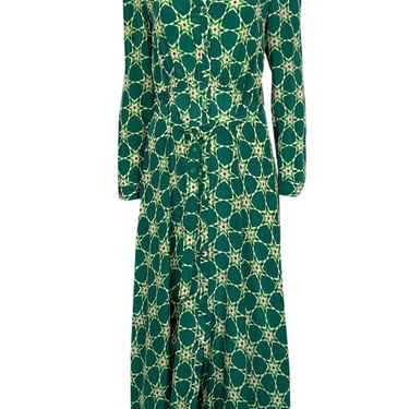 Saloni - Green Star Print Button Front Silk Dress Sz 8