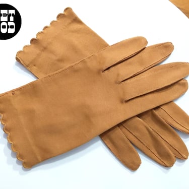 Pretty Vintage 50s 60s Butterscotch Brown Tea Gloves with Scalloped Hem 