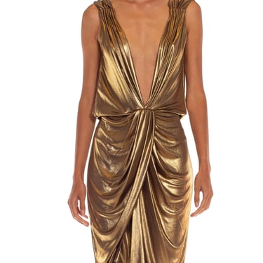1990S Moschino Liquid Gold Jersey Sexy Renaissance Draped Cocktail Dress 