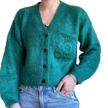 Vintage 80s Womens Esprit Emerald Green Mohair Fluffy Cropped Fuzzy Cardigan S 