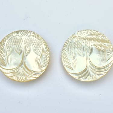 19th Century Carved Weeping Willow Tree Mother of Pearl Buttons -  Antique Collectible Large Disc Shell Button Pair - 1.39" 