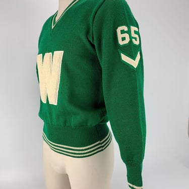 1965 Varsity Lettermans Sweater - Embroidered W Patch - V-Neck Pullover - All Worsted Wool - Men's Size Medium 