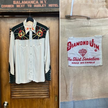 Vintage 1950’s Two-Tone “Diamond” Snap Button Western Cowboy Rayon Gabardine Rockabilly Shirt, 50’s Vintage Clothing 