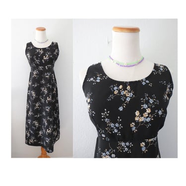 Vintage 90s Floral Dress Black Sleeveless Empire Waist Midi Dress - Size Small 