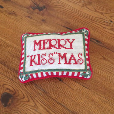 Vintage Needlepoint Accent Throw Pillow Merry Kiss mas 8