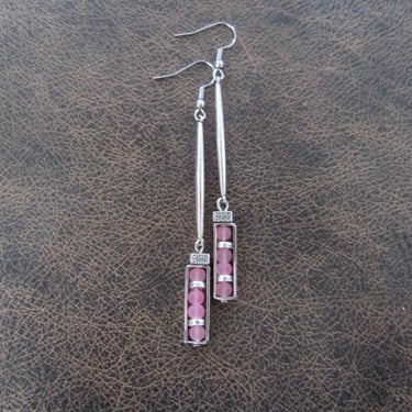 Long pink sea glass and silver earrings 