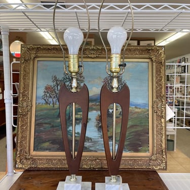 Free shipping within continental US - Pair of Mid-Century Modern Sculptural Likely Walnut and Brass Toned Table Lamps with Carrara marble 