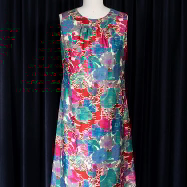 Gorgeous 1960s Silk Abstract Floral Print Sleeveless Dress 