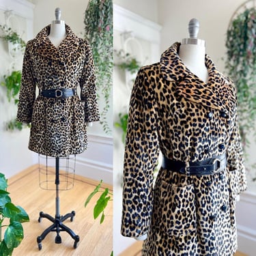 Vintage 1960s 1970s Pea Coat | 60s 70s Leopard Animal Print Faux Fur Brown Double Breasted Winter Overcoat | medium/large 