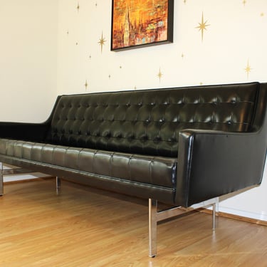 Vintage Black Vinyl Tufted Sofa