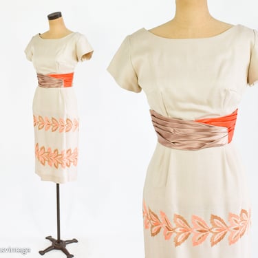 1950s Beige Floral Embroidered Dress | 50s Beige & Orange Sheath Dress | Small 