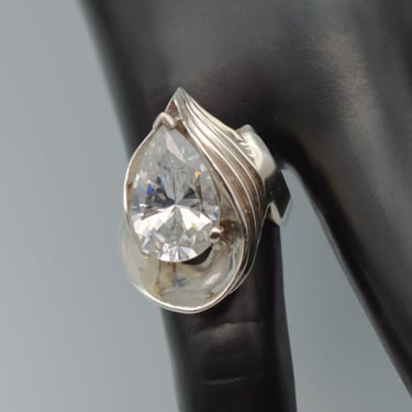 90's sterling cubic zirconia size 5.5 designer cocktail ring, teardrop CZ 925 silver swoop statement 