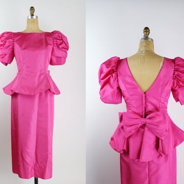 80s Pink Barbie Bow Dress / Maxi Dress / Hot pink Dress / 80s Peplum Dress/ Prom Dress / Vintage Pink Dress/ Size S/M 