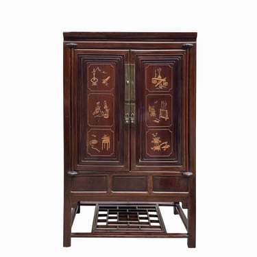 Chinese Vintage Boxwood Flower Inset Motif Accent Storage Cabinet cs7769E 