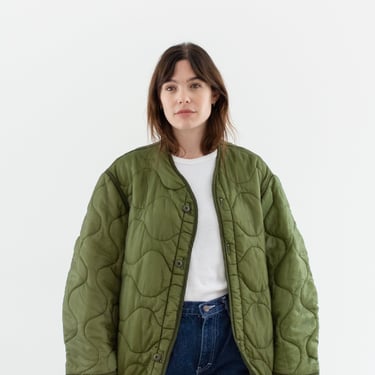 Vintage Green Liner Jacket | Unisex Wavy Quilted Nylon Coat | L XL | LI218 