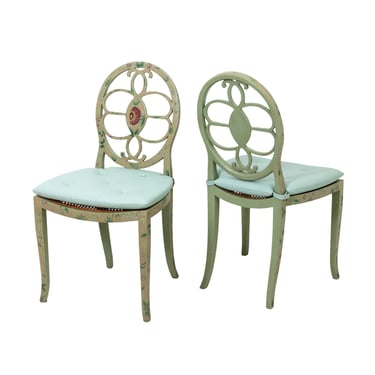 Antique Adams Style Painted Caned Pair of Side Chairs with Seat Cushions