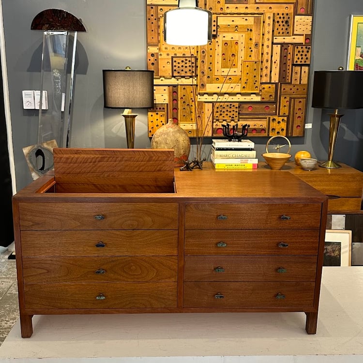 Vintage Walnut Cabinet with 4 Drawers and Brass Pulls with Azurite-Malachite Inlay