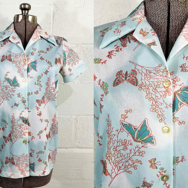 Vintage Floral Top 70s Butterfly Blue 1970s Summer Short Sleeved Button Front Mod Butterflies Flowers Montgomery Ward Medium Large 