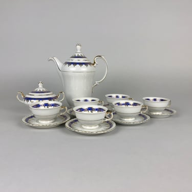 Vintage Porcelain Coffee Set for 6 / Coffee, Tea Pot, Six Cups with Saucers, Sugar Bowl / Thun Czechoslovakia 