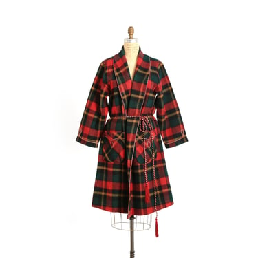 60s Christmas Robe | Vintage 1960s red + green plaid blanket belted robe house coat 