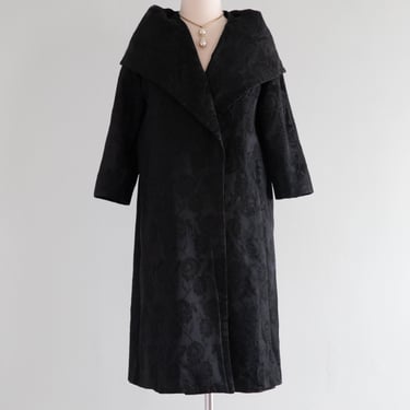 Beautiful 1950's Black Rose Brocade Evening Coat / Small