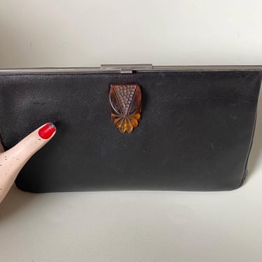 Antique Art Deco 1930s Modernist Bakelite  Chrome &  Dark Brown Leather Clutch handbag purse by BakeliteBa