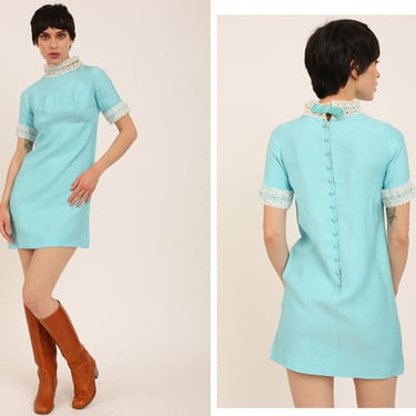 Vintage 1960s Electric Blue Empire Waist Micro Mini Dress w/ Crochet Lace Trim // High Neckline Twiggy Shift 