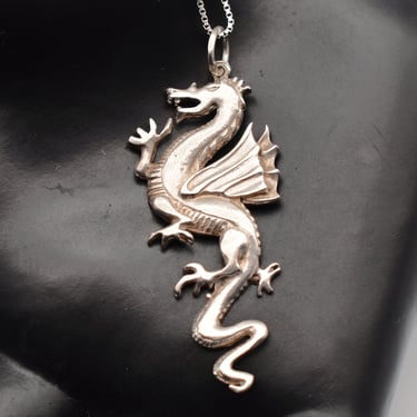 80's sterling winged dragon goth pendant, edgy 925 silver mythical reptile box chain rocker necklace 
