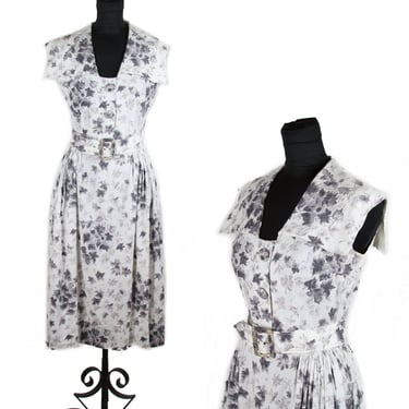1950s Dress // Grey Leaves Midi Collar Sleeveless Rayon Dress 