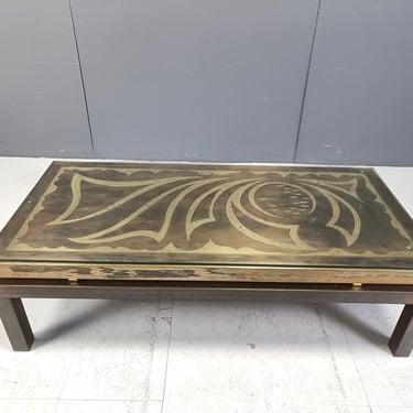 Vintage etched brass coffee table signed by Willy Daro, 1970s -  brass coffee table - etched brass coffee table - brutalist coffee table 