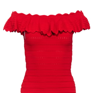 Alice &amp; Olivia - Red Knit Off The Shoulder Rib Top w/ Ruffles Sz S