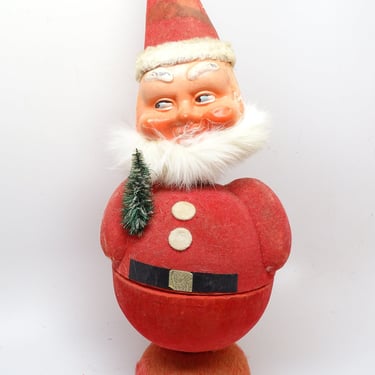 Antique German (AS IS) Large 14 Inch Bobble Head Santa with Fur Beard Candy Container, with Faux Feather Tree 