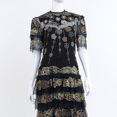 Metallic Beaded Floral Silk Shift Dress