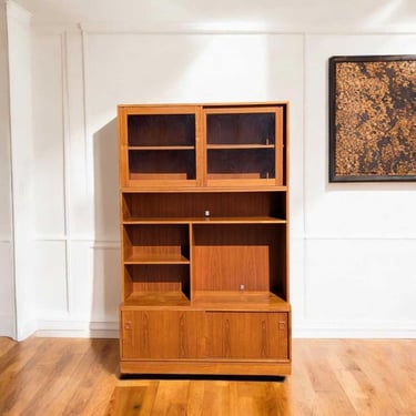 Danish Teak Bookcase, Mid-Century Modern Freestanding Wall Unit, Vintage Record Storage, Display Hutch Cabinet 