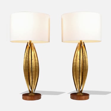 Mid-Century Brutalist "Flame Leaf" Gilt Metal Table Lamps 