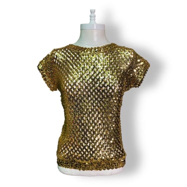 Vintage Sequins shirt Gold Knit Top womens small 