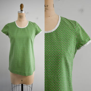 1960s Apple Green and Pink Linen Feedsack Blouse 