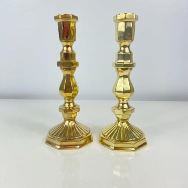 Vintage Brass Candle Holders Set, Made in India, Octagonal Brass Pillar Candlesticks, Dinner Table Set, old gold colored candle holder 