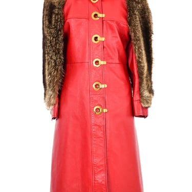 1970s Red Leather Fur Trim Coat