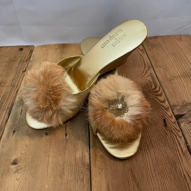 Metallic Gold Lame Mules Slides Slippers Wedge Sandals Fur Pom Pom Vintage 60s 5 
