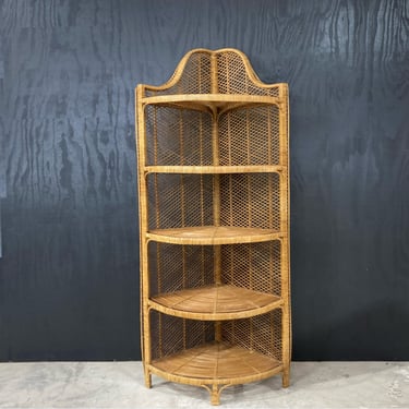 Vintage 1960s French Rattan and Wicker Étagère Corner Shelf 