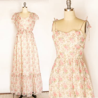 1970s Dress Floral Cotton Maxi Boho XS 