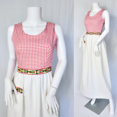 1960's Red Checkered White Cotton Folk Maxi Dress I Med I Jane Kinley 