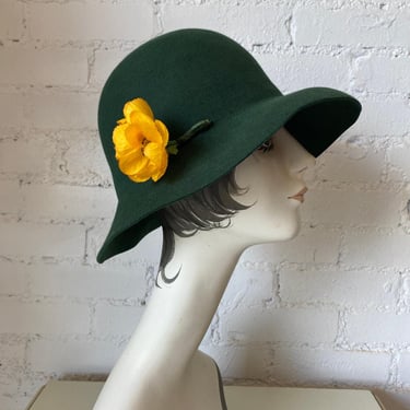 1970s forest green wide brim hat, suzy neiman marcus, floppy boho, 70s fashion 