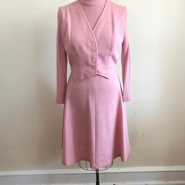 Pink Knit Turtleneck Dress with Faux-Vest - 1970s 