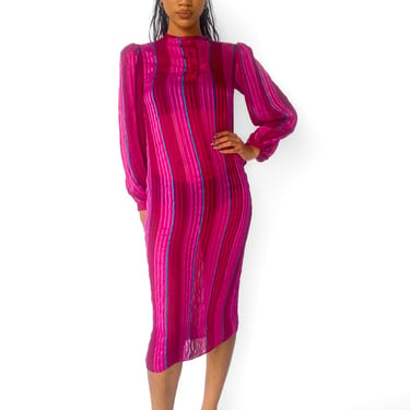 1980s Sheer Magenta Striped Silk Dress, sz. S