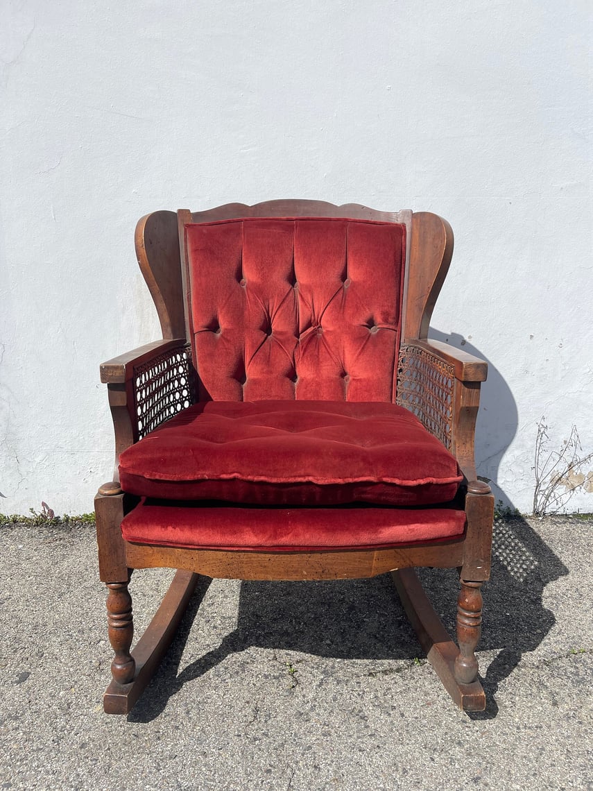 Antique Cane Rocking Chair Rocker Armchair Wood Tufted Back Upholstered ...