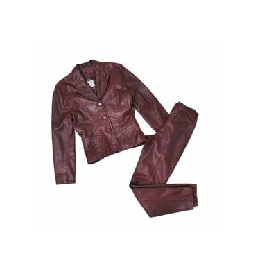 90s 00s y2k Brown Leather Suit Leather Jacket Blazer and Pants Brown Burgundy By Micheal Hoban North Beach Leather Jacket Size Small medium 